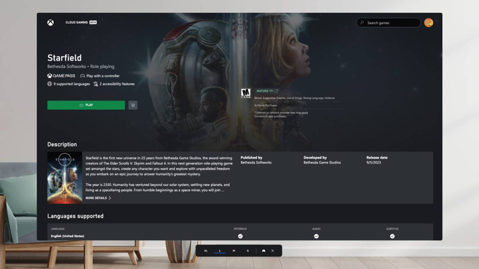 Starfield on Xbox Cloud Gaming on Meta Quest