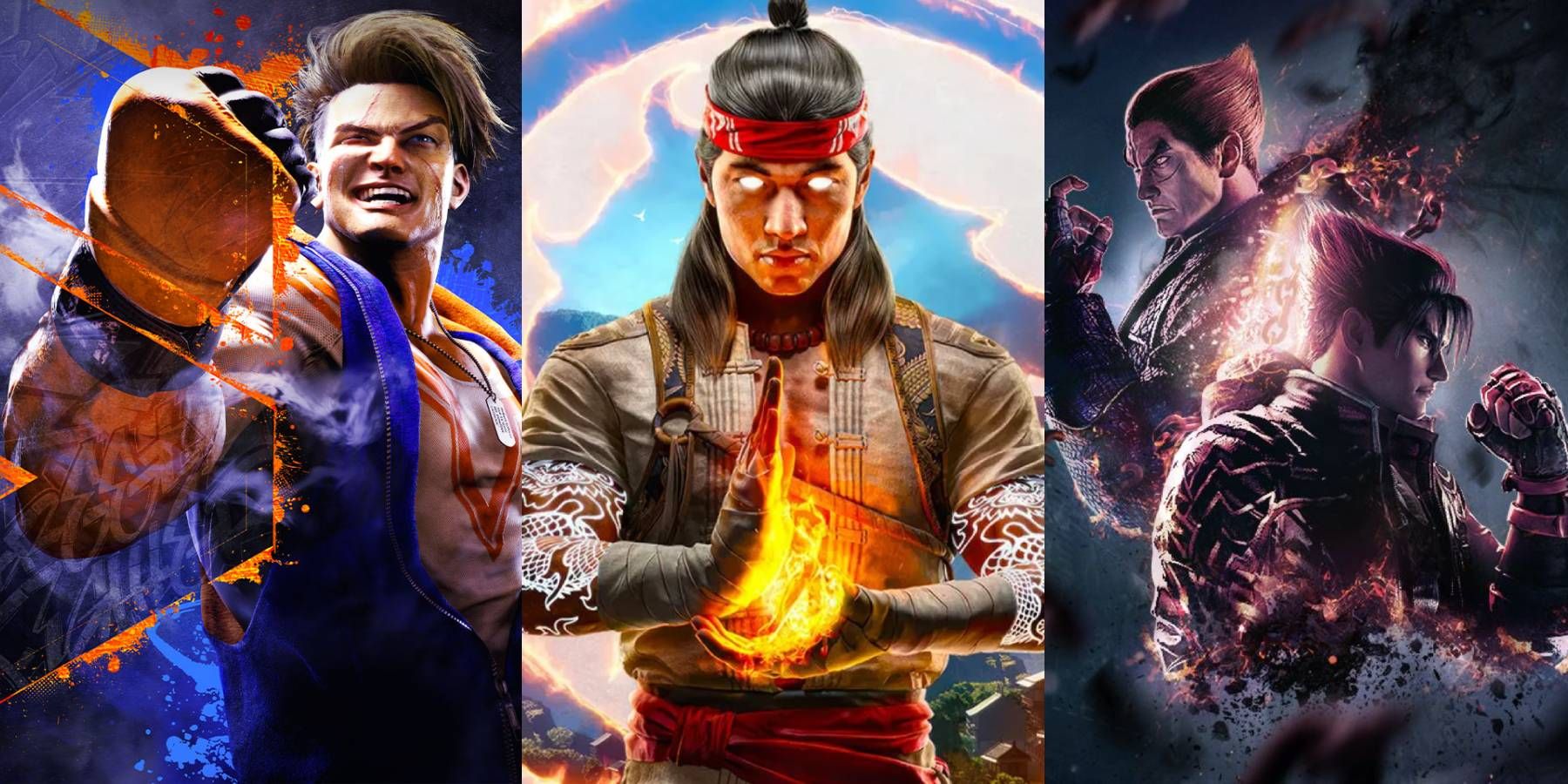 Cover art close-ups from Street Fighter 6, Mortal Kombat 1, and Tekken 8