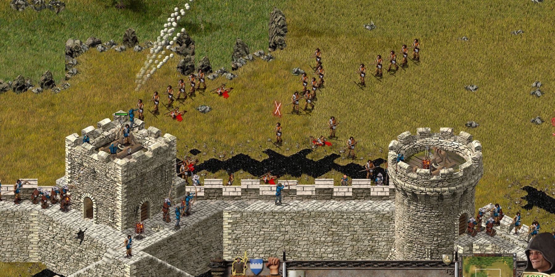 A Mangonel hurling rocks at invading forces