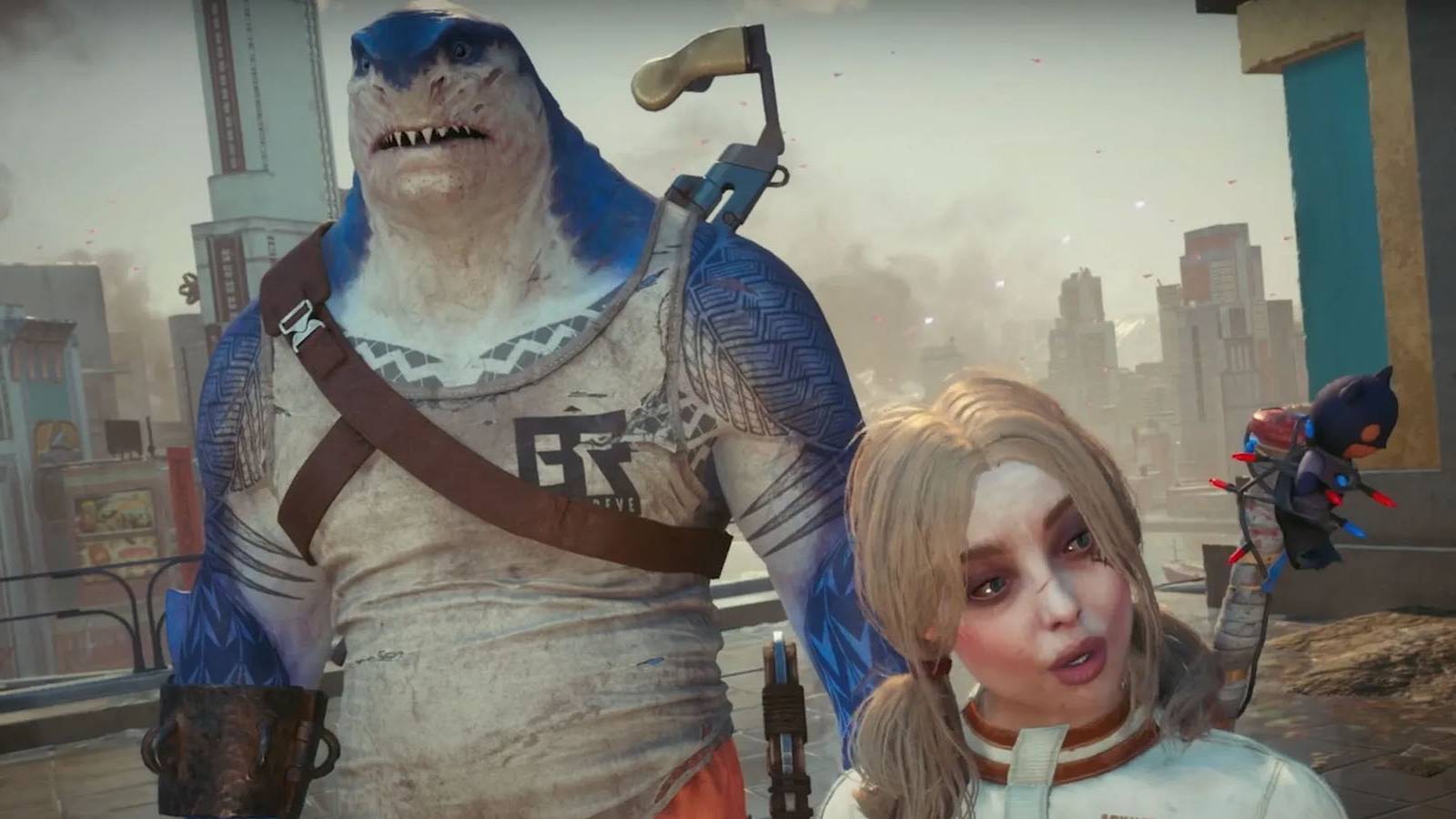 A screenshot of Harley Quinn and King Shark in Suicide Squad: Kill the Justice League.