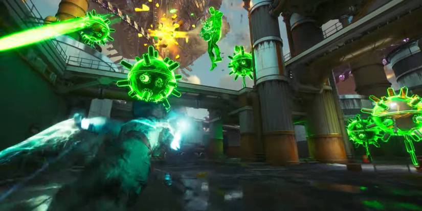 King Shark dodging fire from a Green Lantern construct in Suicide Squad: Kill the Justice League