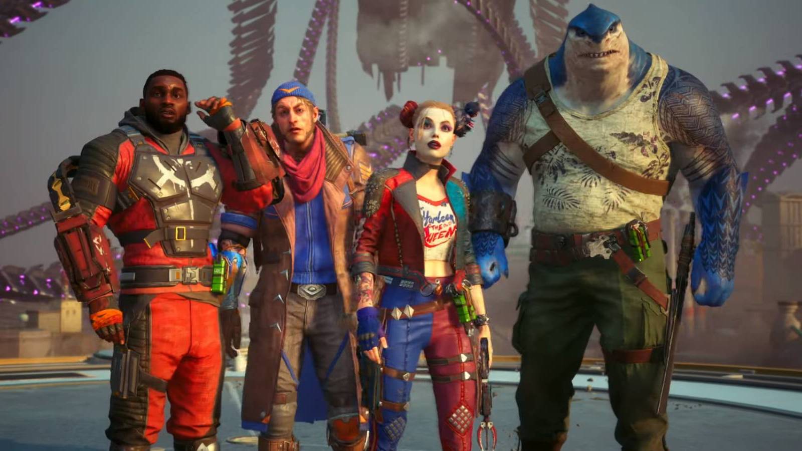 The four protagonists looking surprised in Suicide Squad: Kill the Justice League