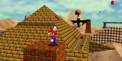 Mario in Shafting Sand Land in Super Mario 64