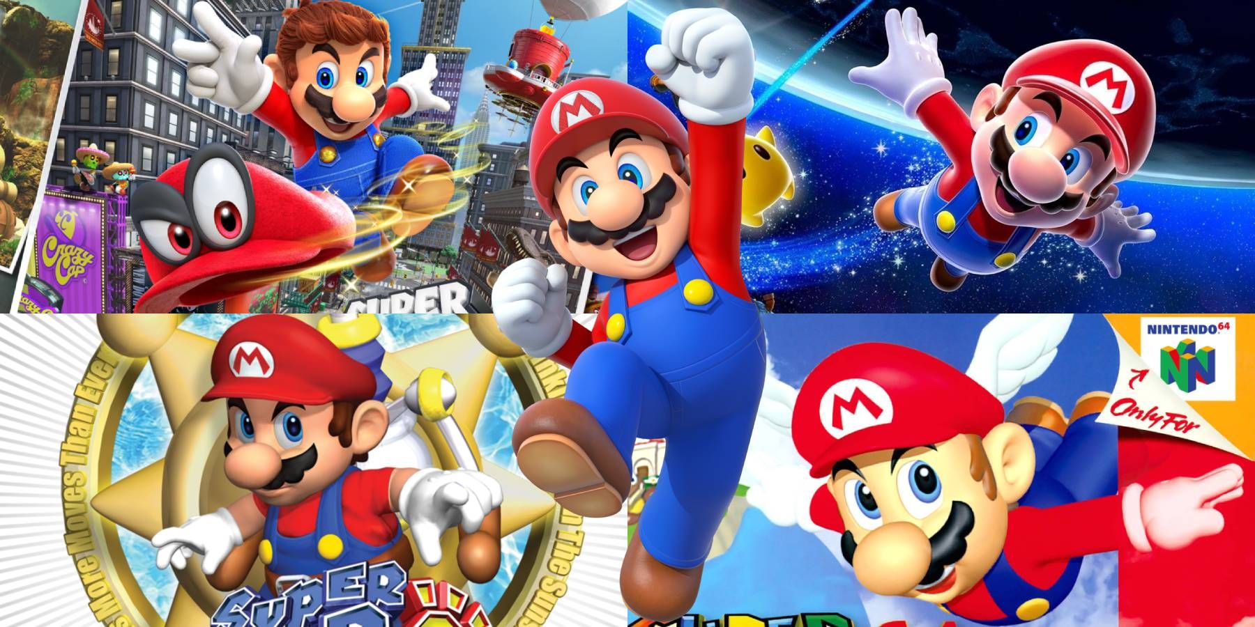 Mario jumping in front of the covers of Super mario Odyssey, Super Mario Galaxy, Super Mario Sunshine, and Super Mario 64