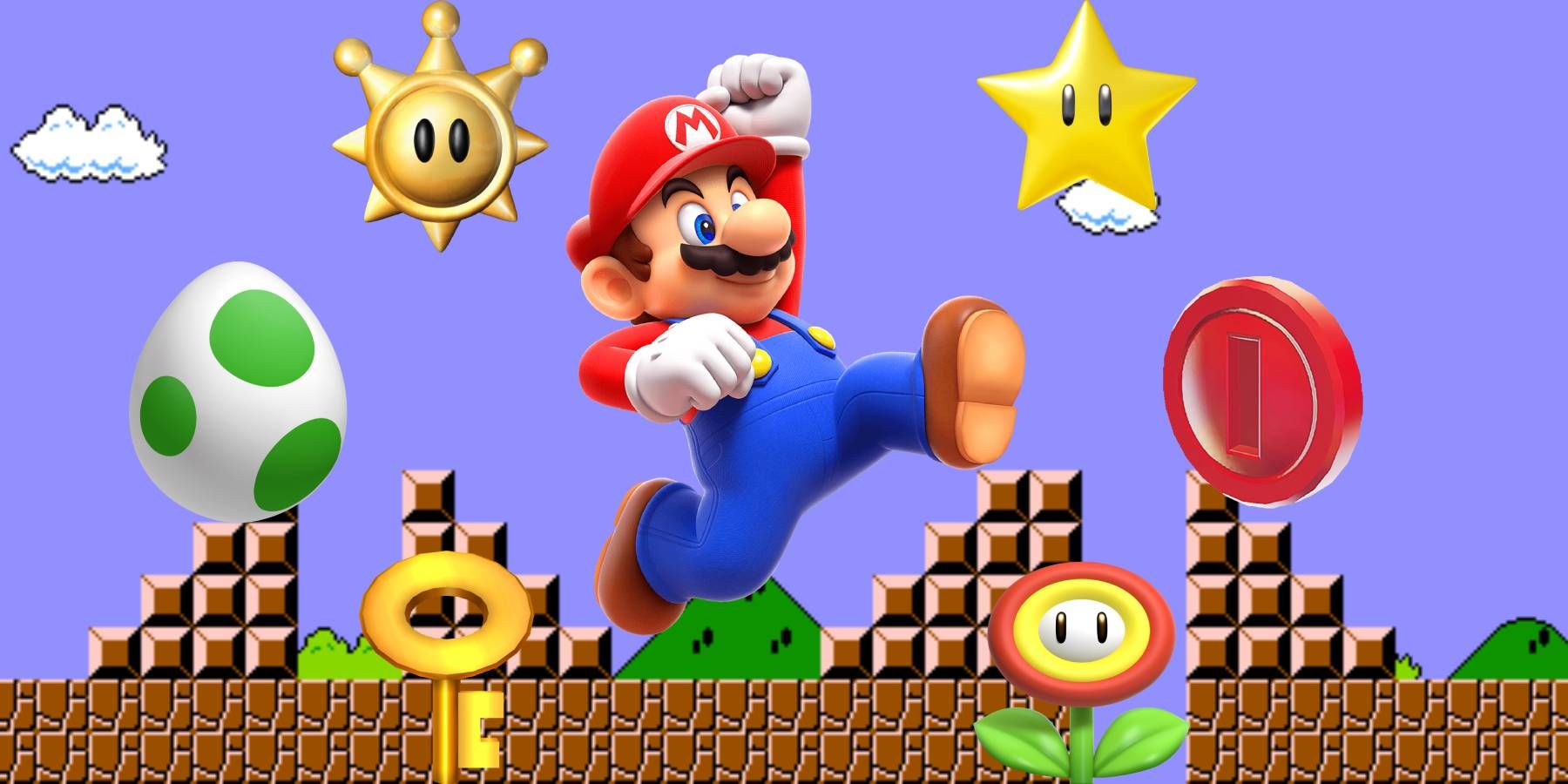 Mario with several items from the Super Mario series