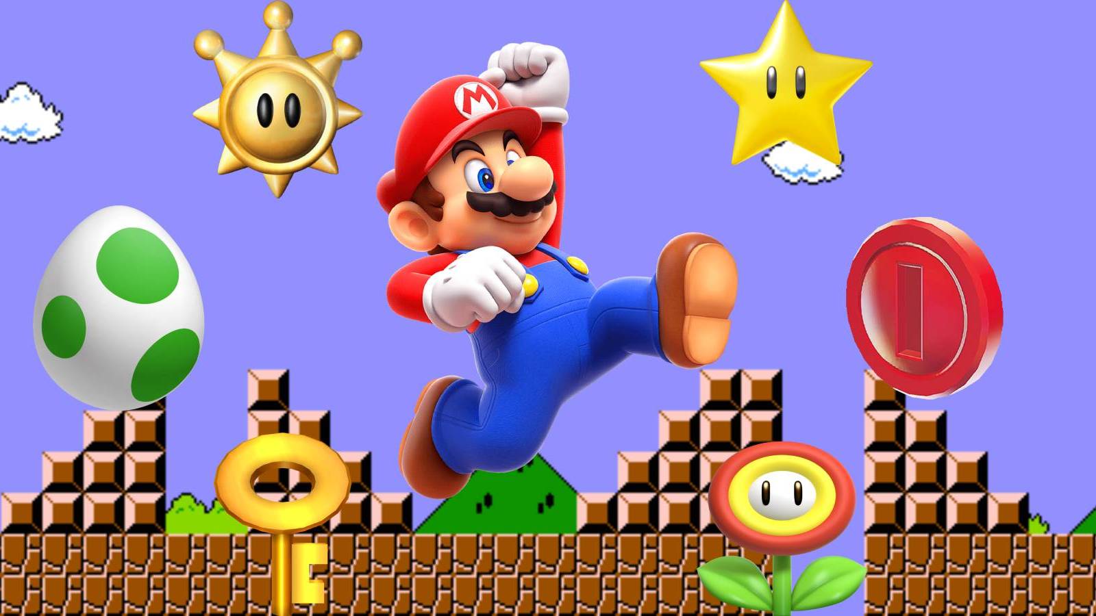 Mario with several items from the Super Mario series