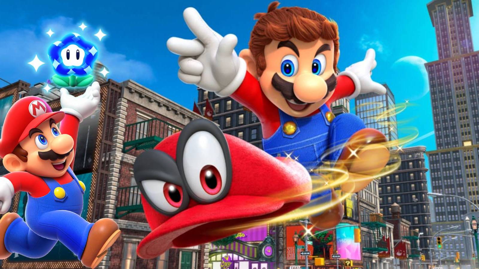 Mario from Super Mario Odyssey and Mario from Super Mario Bros. Wonder looking at each other