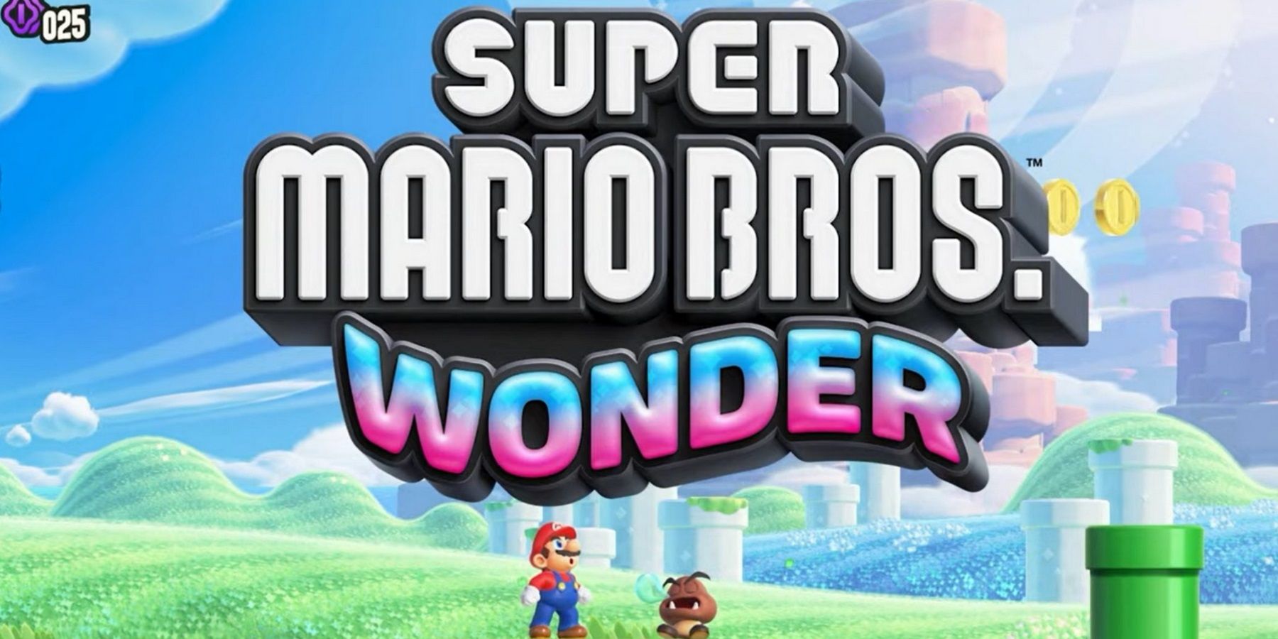 Super Mario Wonder Title Above Mario And Sleeping Goomba