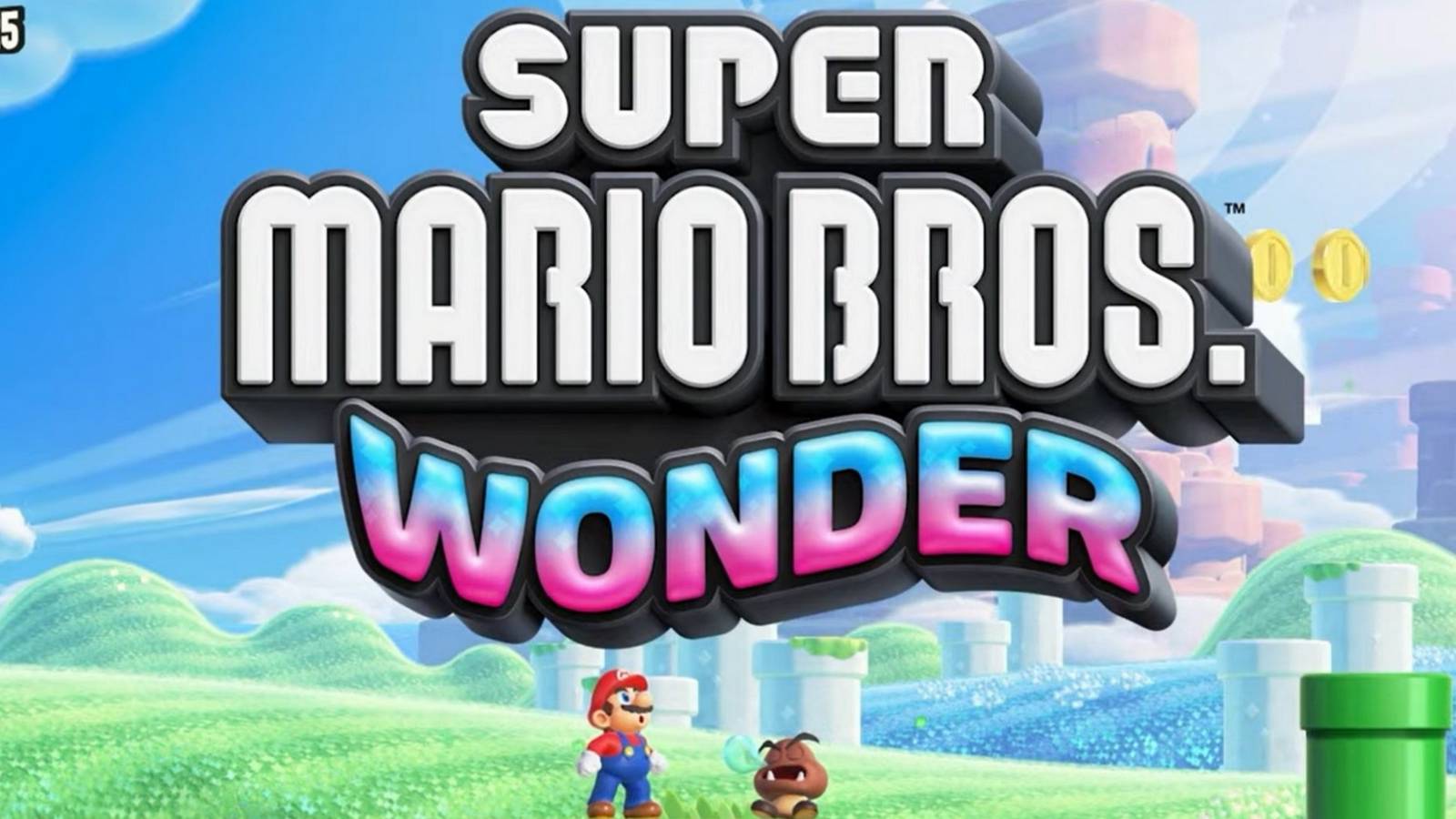 Super Mario Wonder Title Above Mario And Sleeping Goomba