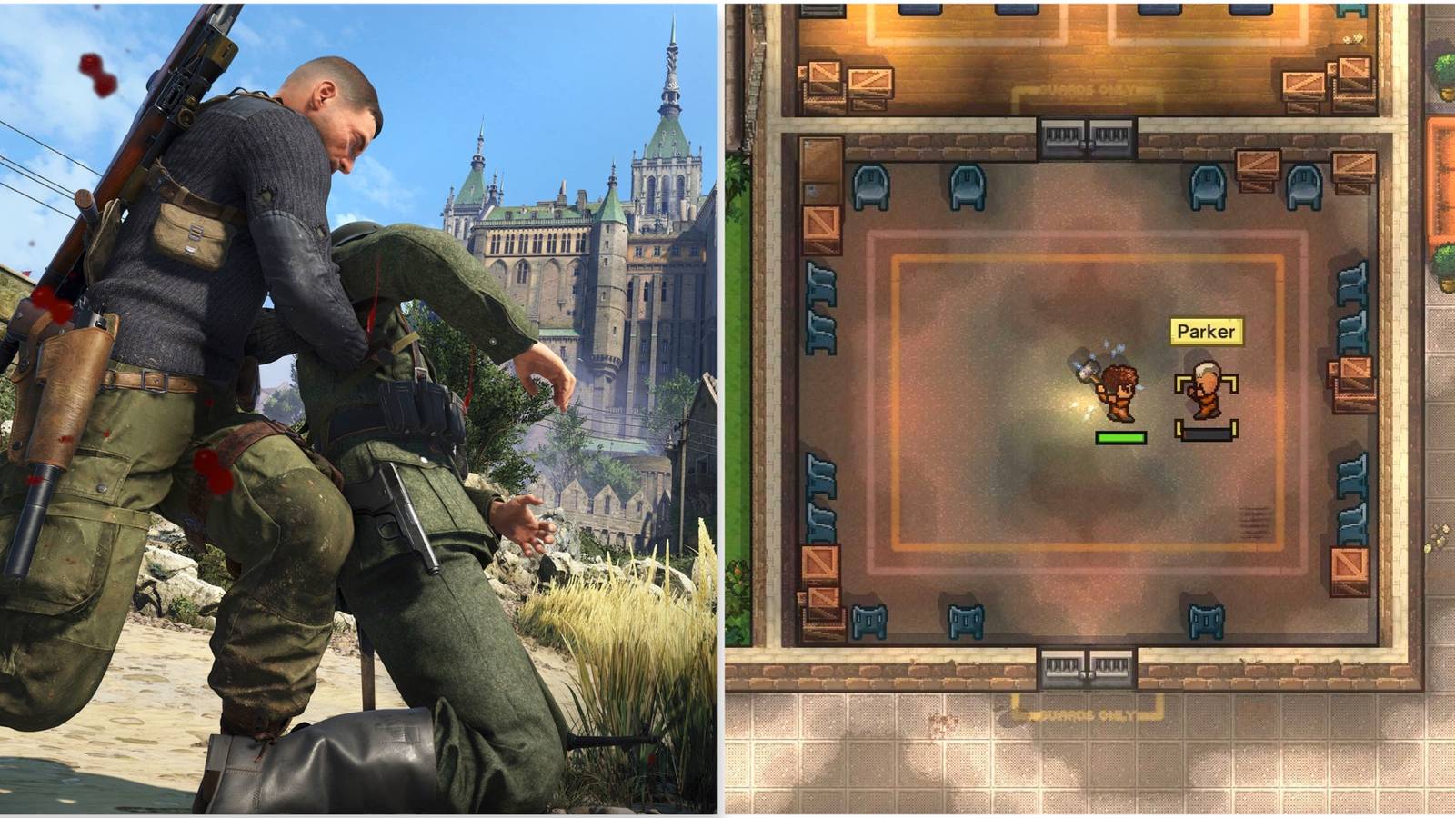 Taking down an enemy in Sniper Elite 5 and Fighting enemies in The Escapists 2