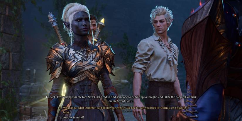 Tav discusses Karlach's heart while Astarion looks on and Gale lurks in Baldur's Gate 3