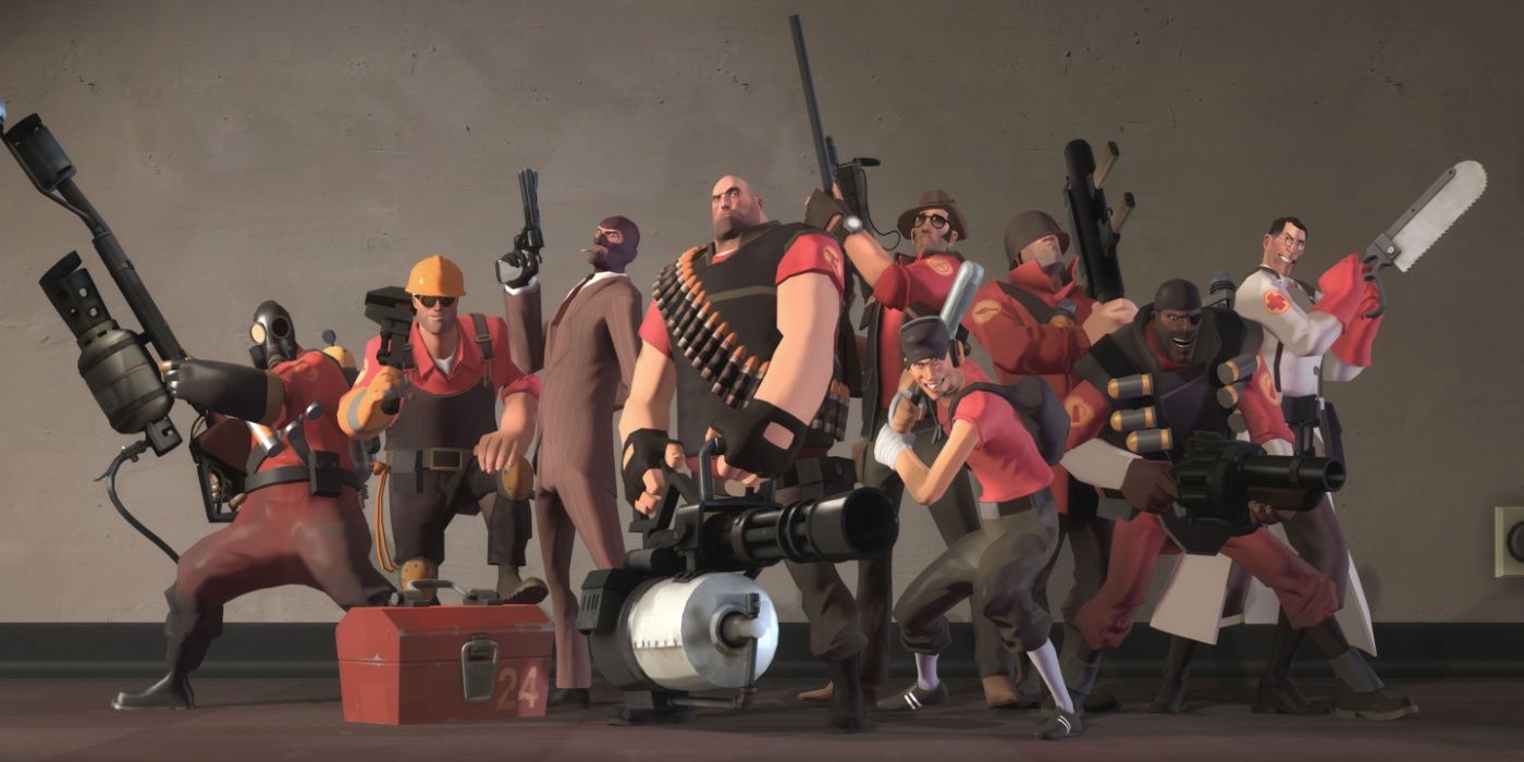 Team Fortress 2 roster posing in a room