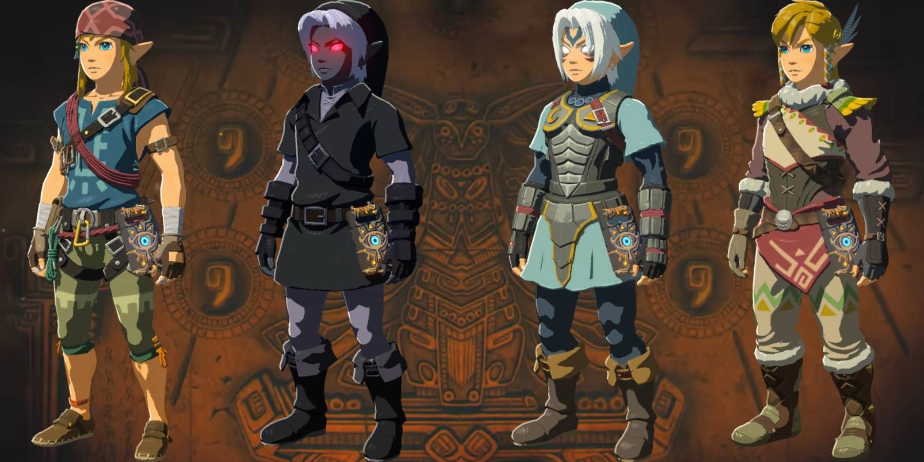 Climbing, Dark, Fierce Deity, and Snowquill armor sets from The Legend of Zelda: Tears of the Kingdom