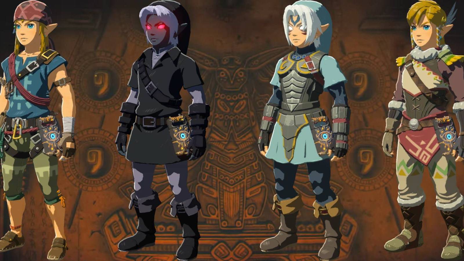 Climbing, Dark, Fierce Deity, and Snowquill armor sets from The Legend of Zelda: Tears of the Kingdom