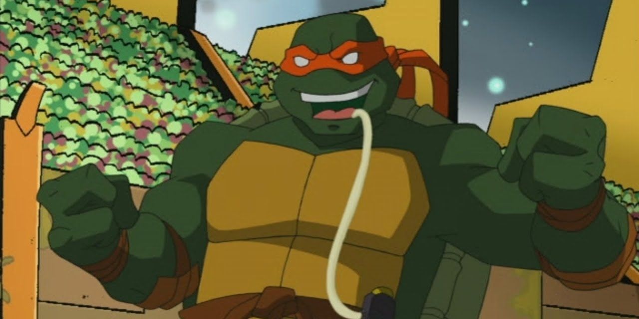 A imagem de uma tartaruga com máscara laranja e algo parecido com um tubo na boca