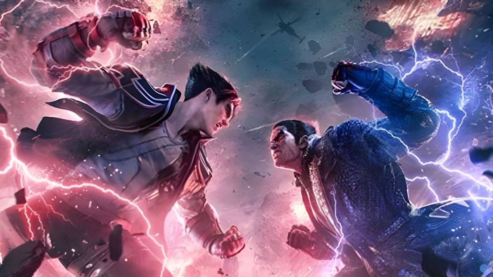 A promotional image of Jin and Kazuya fighting each other with red and blue energy flowing around them in Tekken 8.