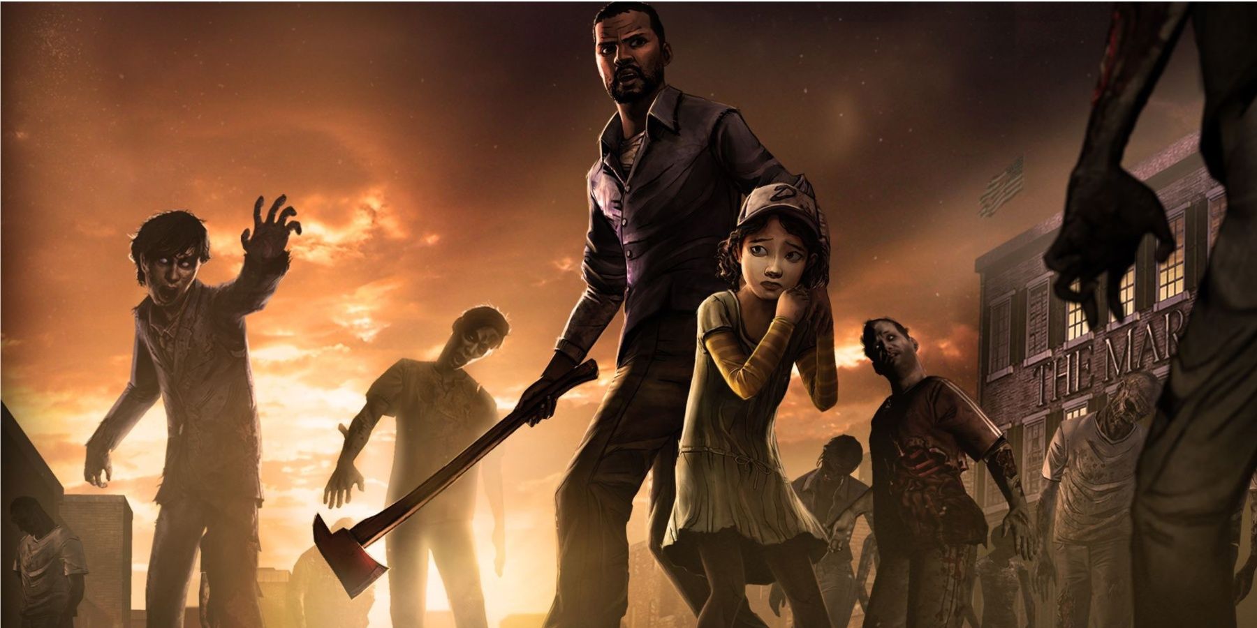 Lee protecting Clementine from walkers in Telltale's The Walking Dead