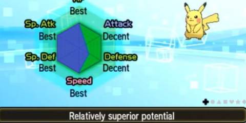 The base stats of a Pikachu, as seen in Pokemon Sun & Moon.