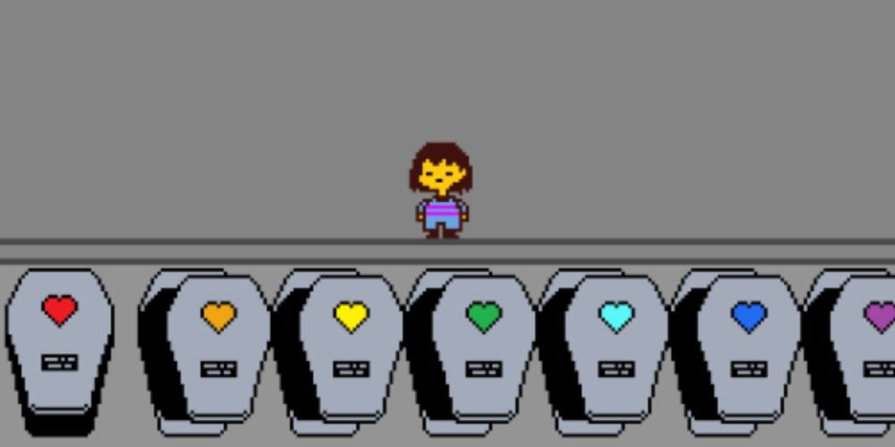 Frisk finds the open coffins of the six humans at the end of Undertale.
