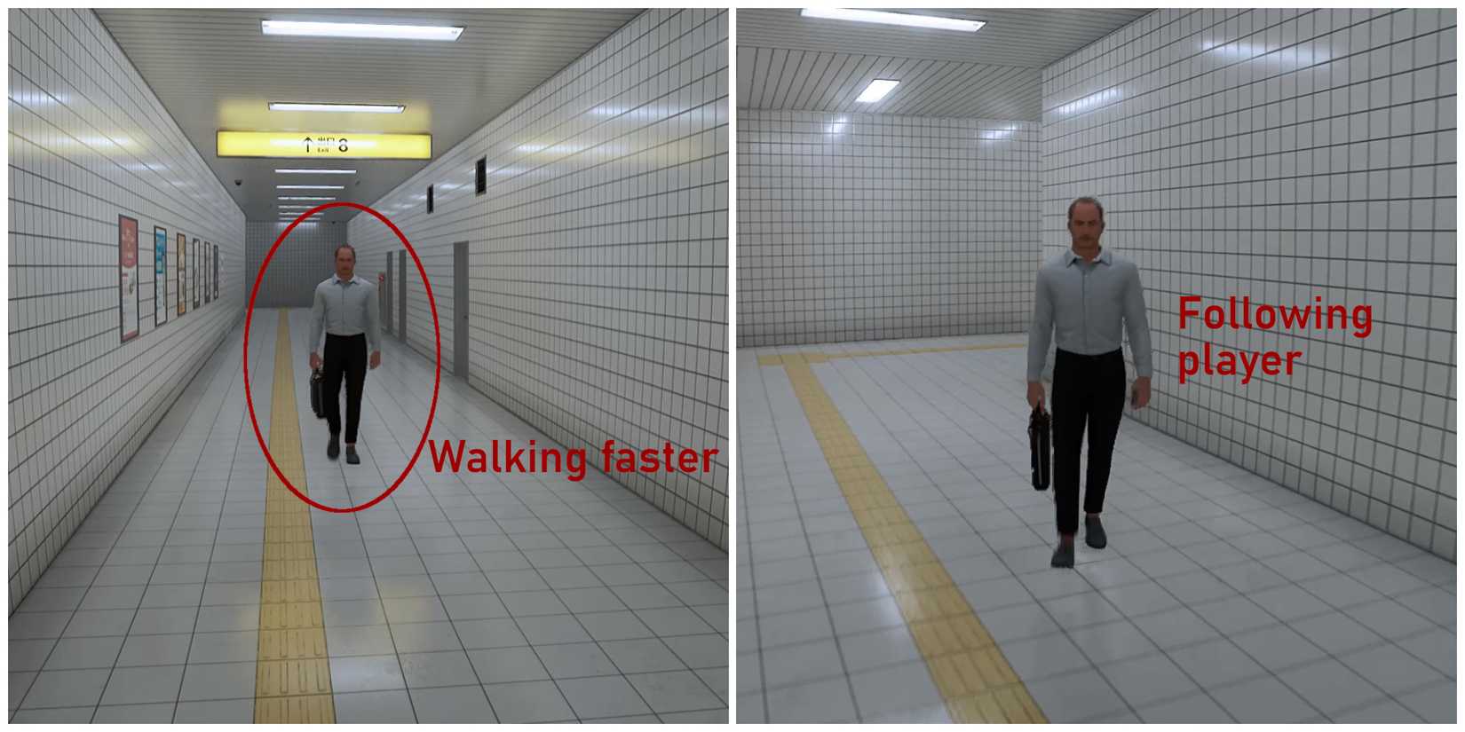 Split image showing the man walking faster and following the player in The Exit 8