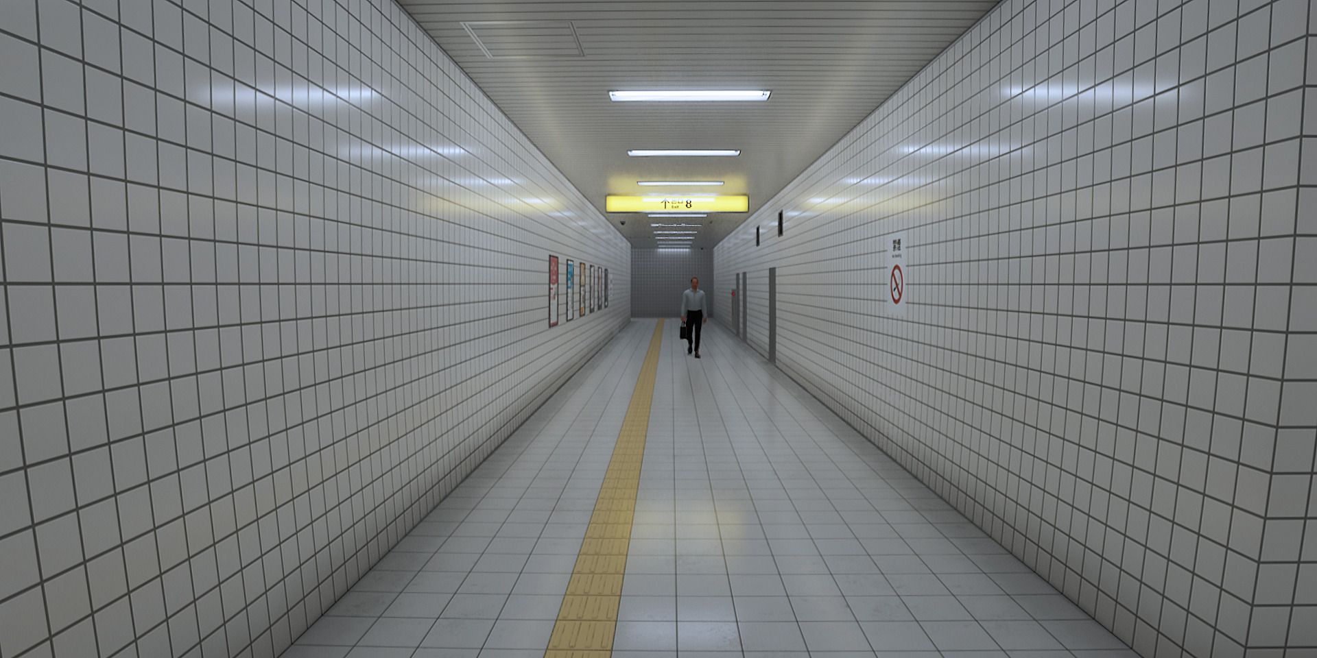 Image of the main hallway with the walking man in The Exit 8