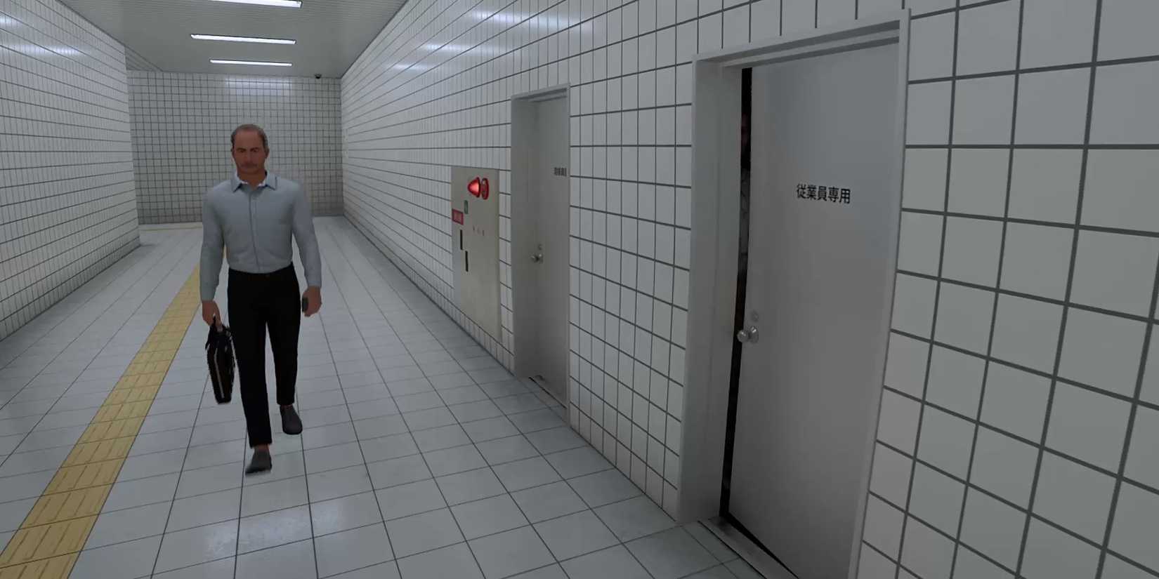 Image of a person peeping through a crack in the door in The Exit 8