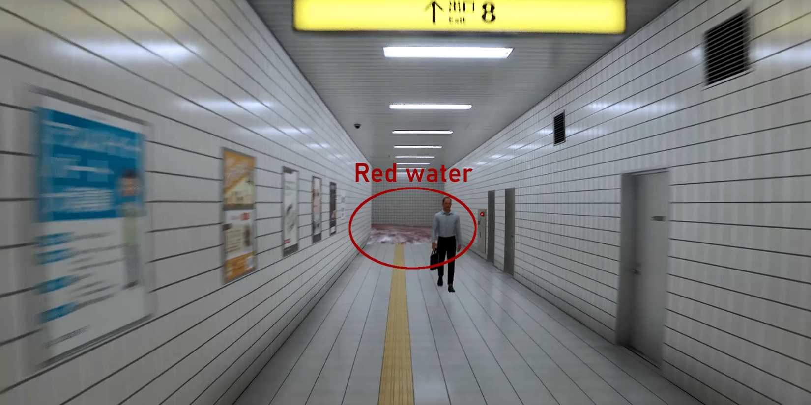 Image of red water rushing into the hallway in The Exit 8