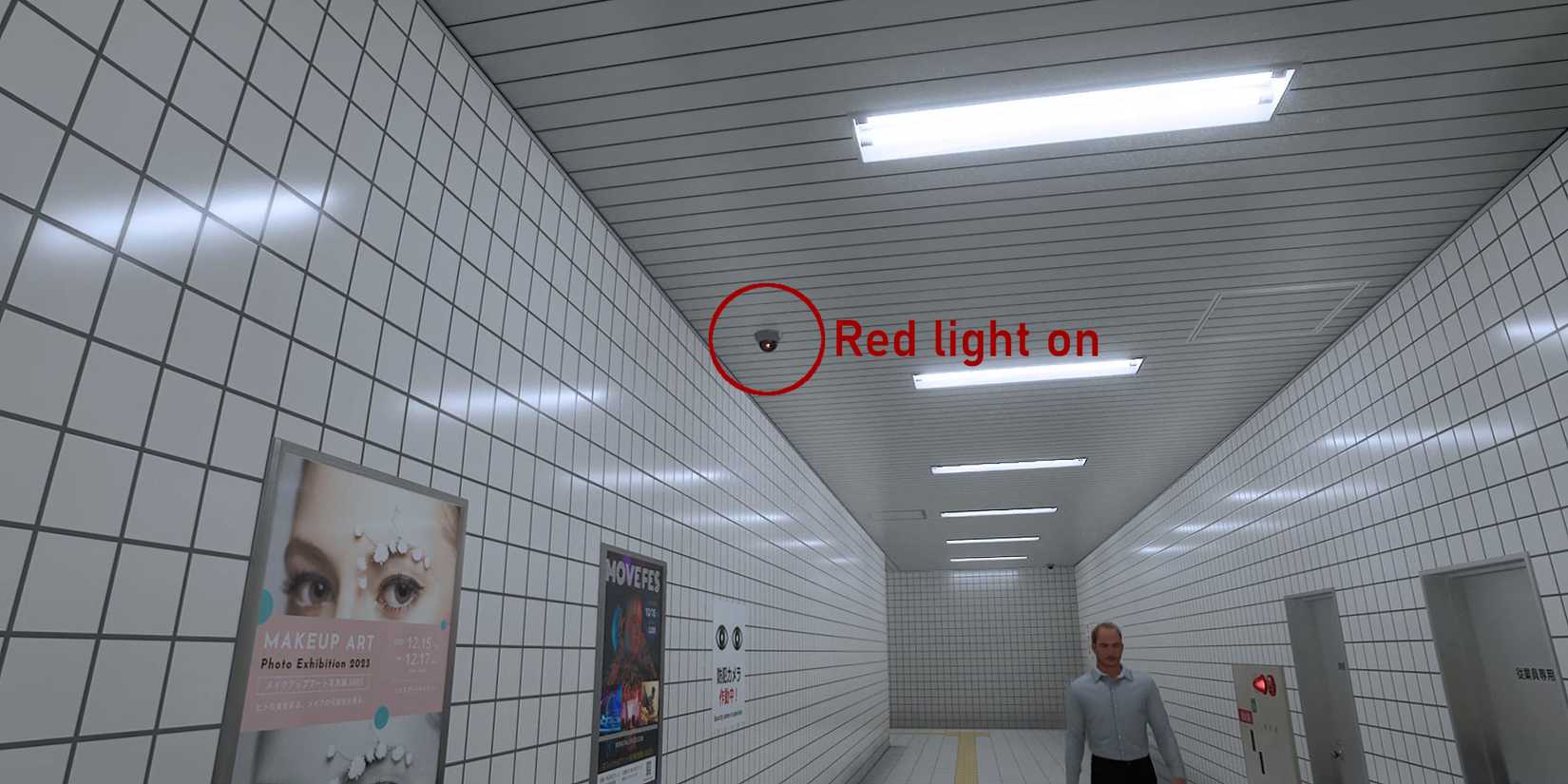 Image of the red light turned on on the security camera in The Exit 8