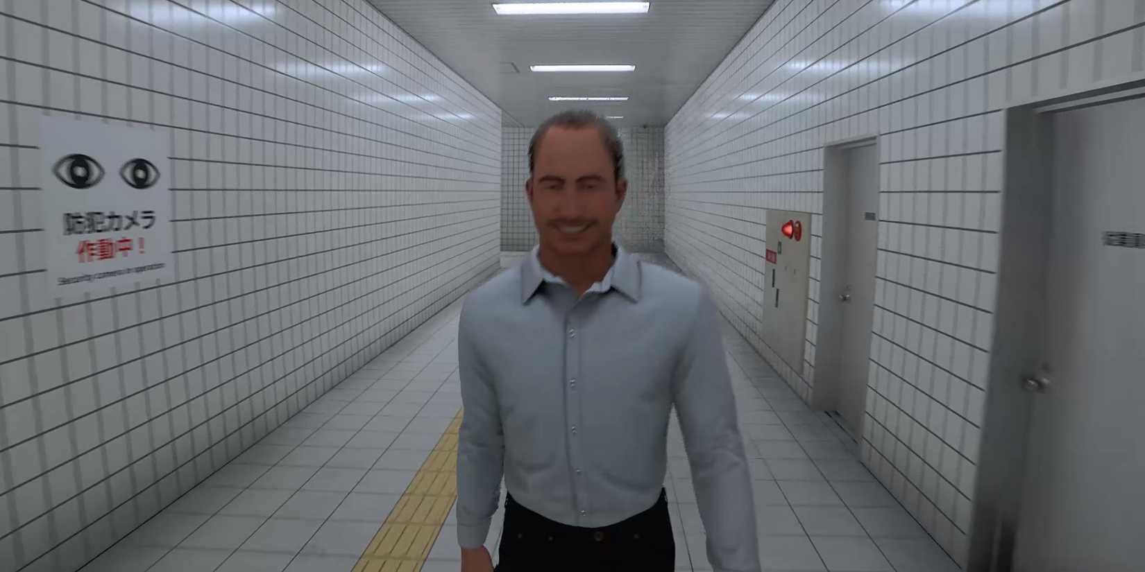 Image of the walking man smiling in The Exit 8