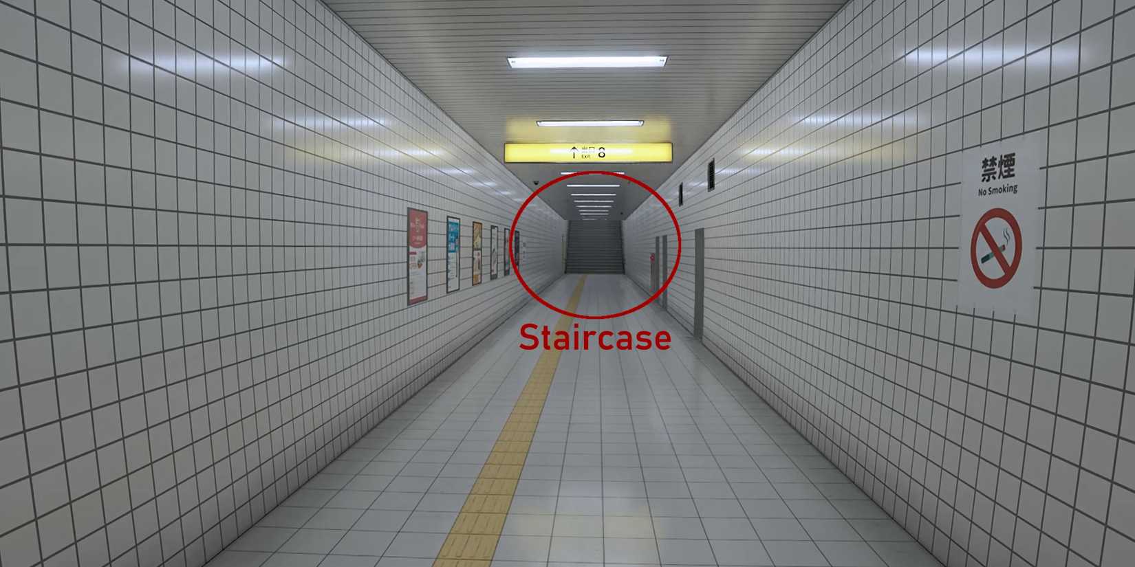 Image of the staircase at the end of the hallway in The Exit 8