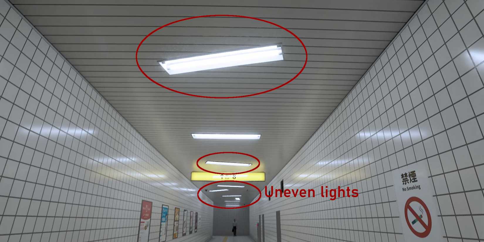 Image of the ceiling lights in an uneven pattern in The Exit 8