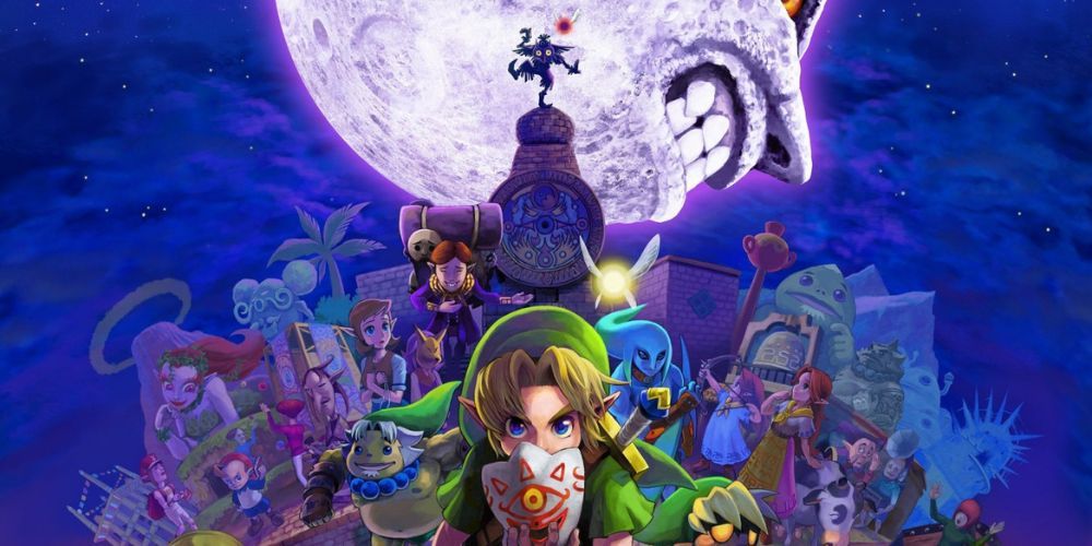 Official poster for Majora's Mask showing Link, Skull Kid, The Mask Salesman and the many inhabitants of Termina.