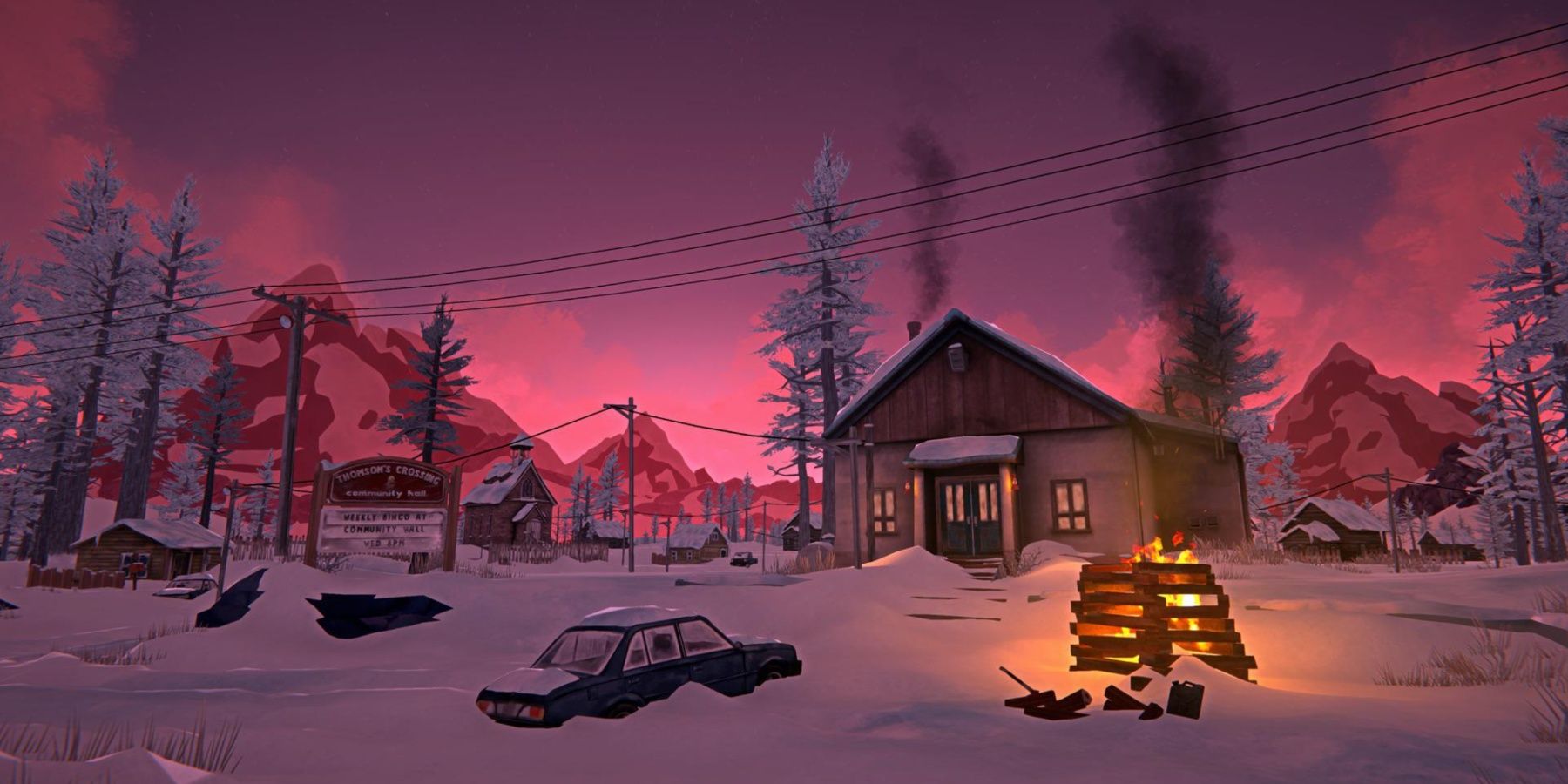 A house in The Long Dark in the snow as the sun sets and a fire burns in front