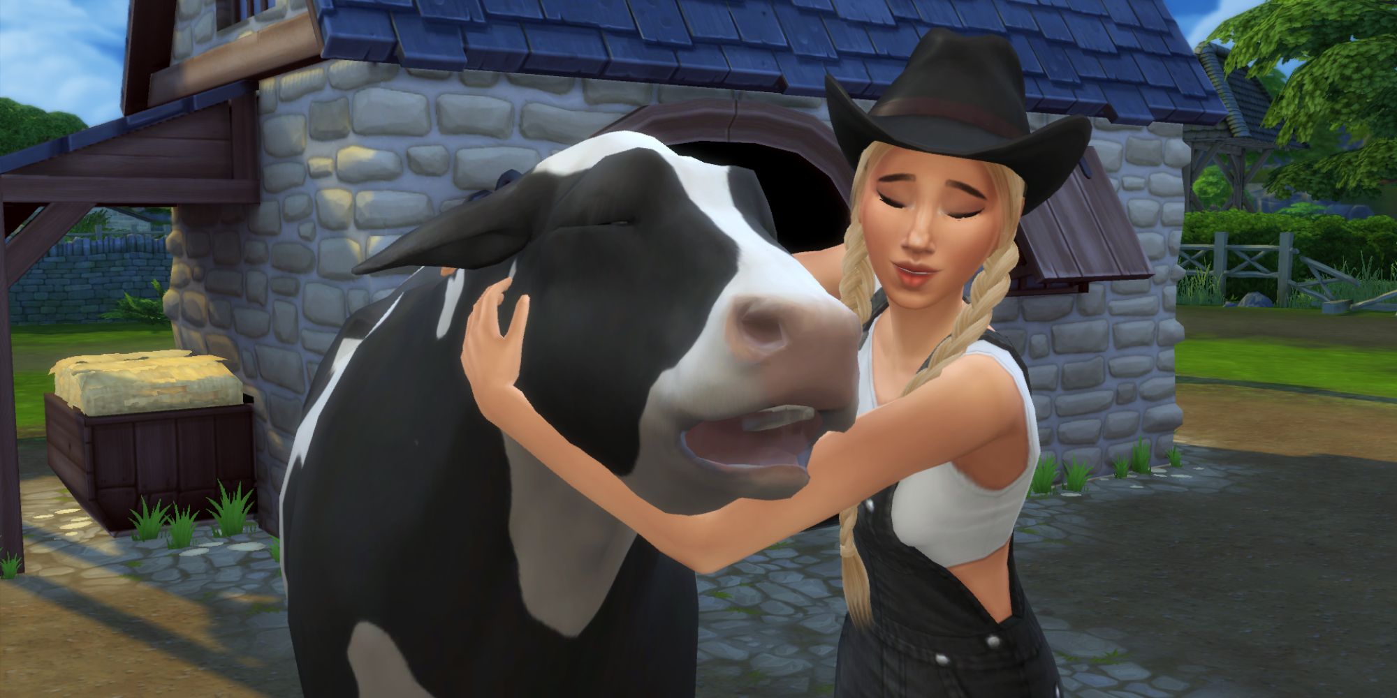 The Sim for the Bloomful Challenge in The Sims 4 hugs her bovine companion, a cow.