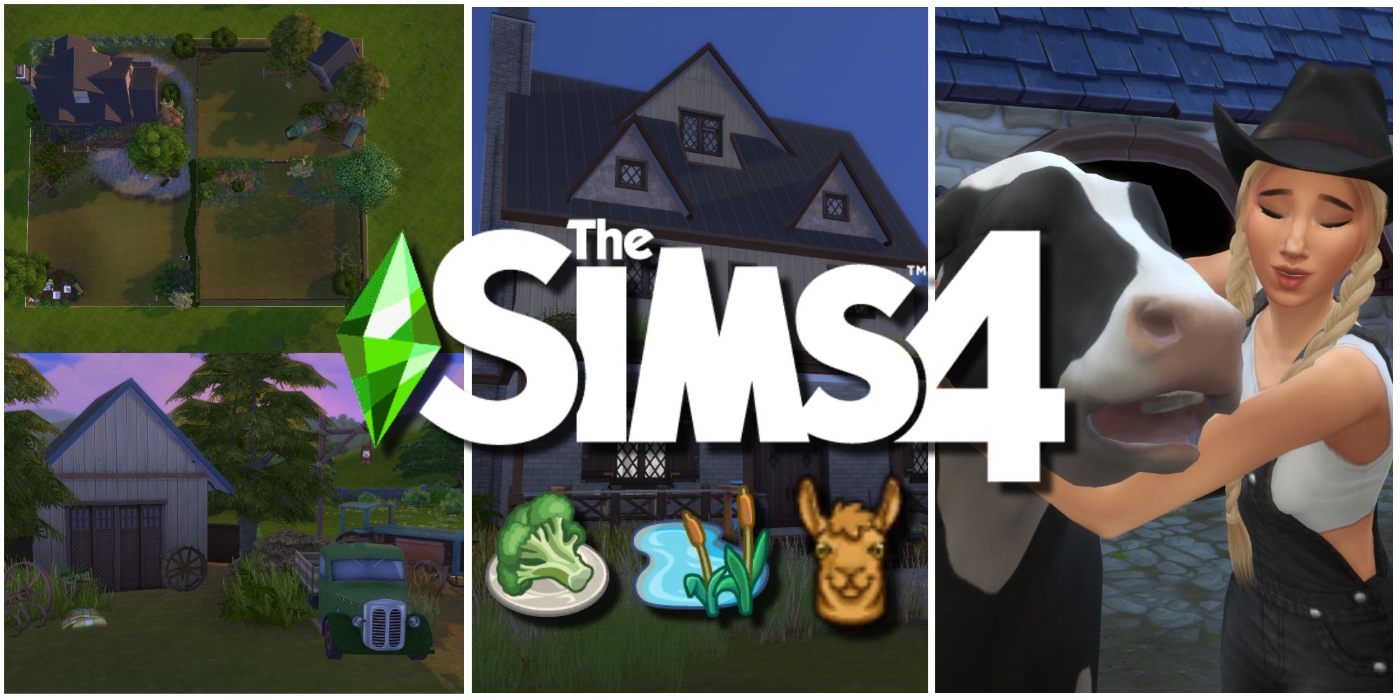 Várias capturas de tela da capa do Blossom Challenge, incluindo uma vaca, uma casa de fazenda e um campo precisando de reparos no The Sims 4.