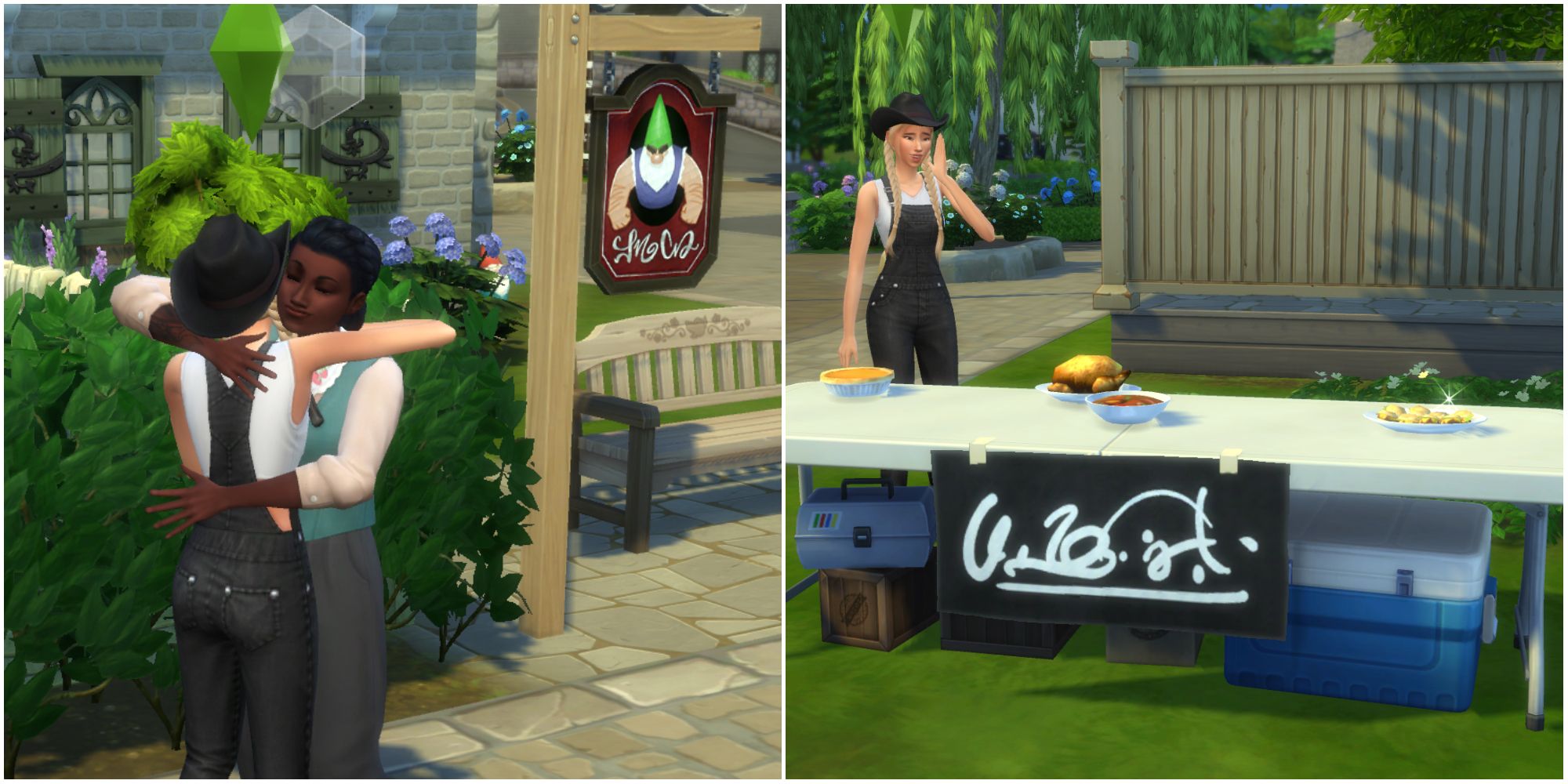 The Bloomful Challenge Sim befriends the pub owner Sarah Scott and sells food to her patrons outside in The Sims 4