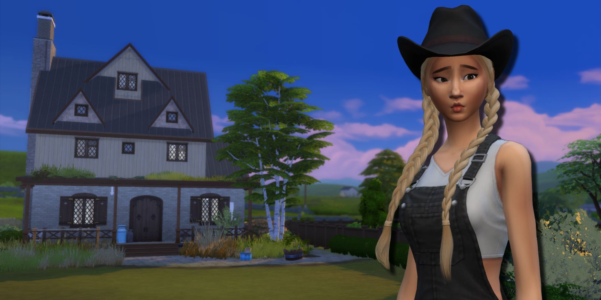 The Sim for the Bloomful Challenge stands in front of her dilapidated new farmhouse, unsure if she can take on the challenge of remodeling it in The Sims 4