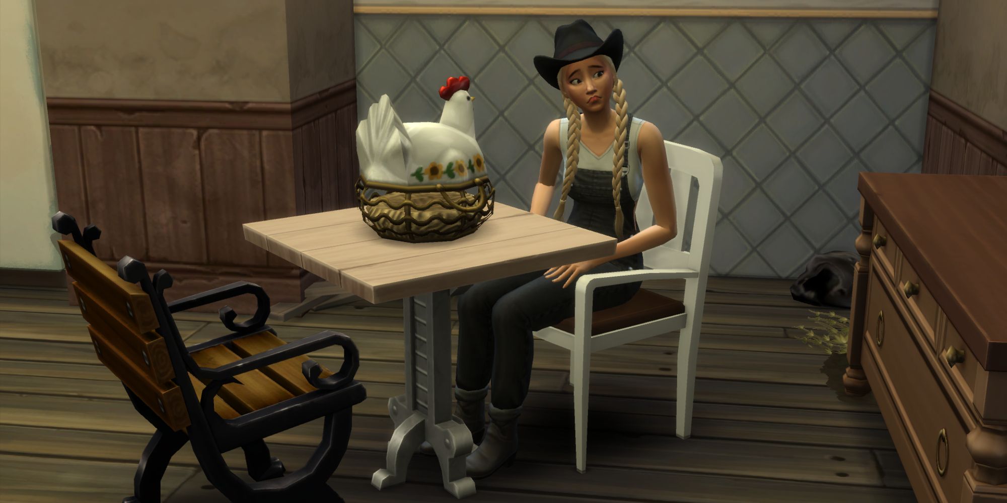 The Sim for the Bloomful Challenge in The Sims 4 sits in her poorly decorated kitchen.