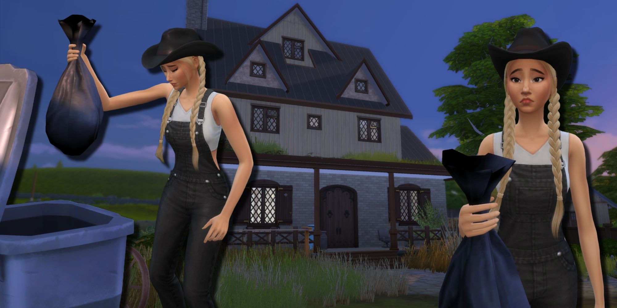 The Sim for the Bloomful Challenge takes out the trash to clean up her new farmhouse and do some landscaping