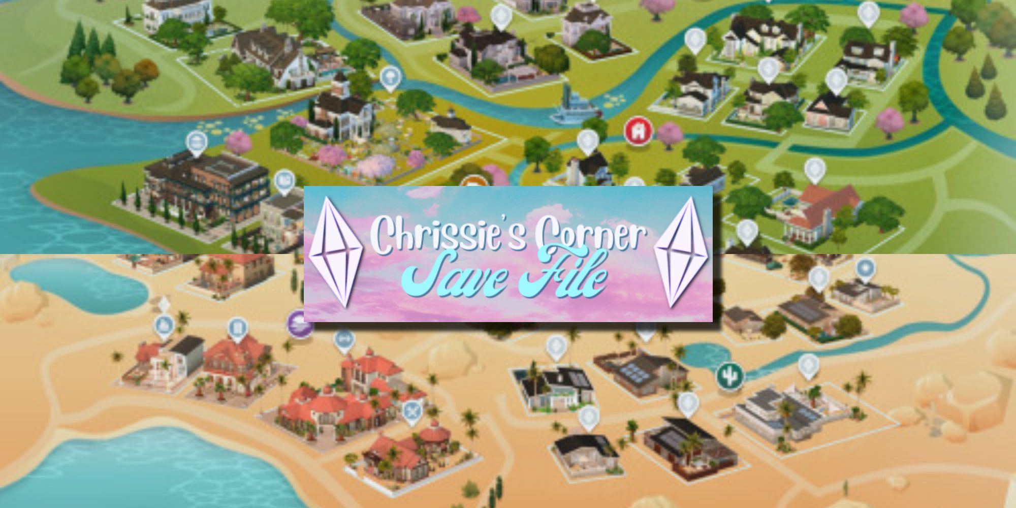 Willow Creek and Oasis Springs in the Chrissie's Corner Save File 1.0 by ChrissieYT for The Sims 4