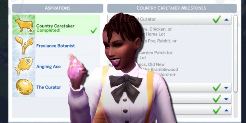 A screenshot of the Country Caretaker aspiration panel and a Sim fist pumping because she's finished it for the Enchanted Cottage Challenge