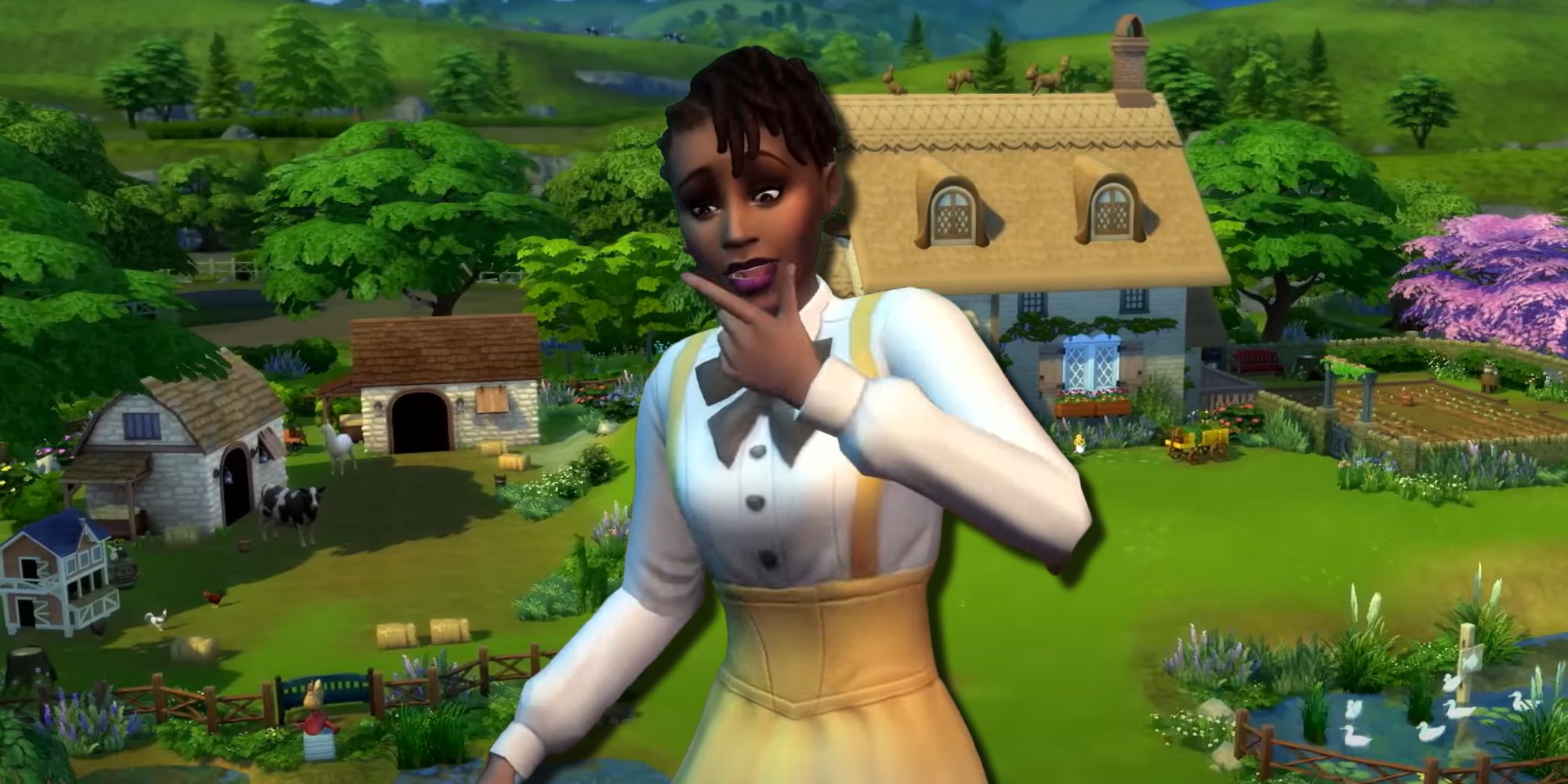 A Sim is in a thinking pose in front of a large farmhouse for the Enchanted Cottage Challenge