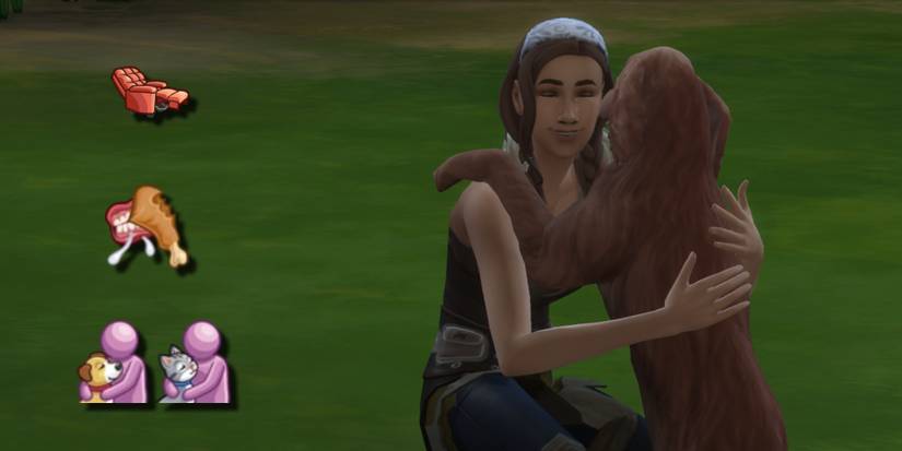 The Sim from District Ten hugs her dog and she has the lazy, glutton, and either the cat lover or dog lover traits
