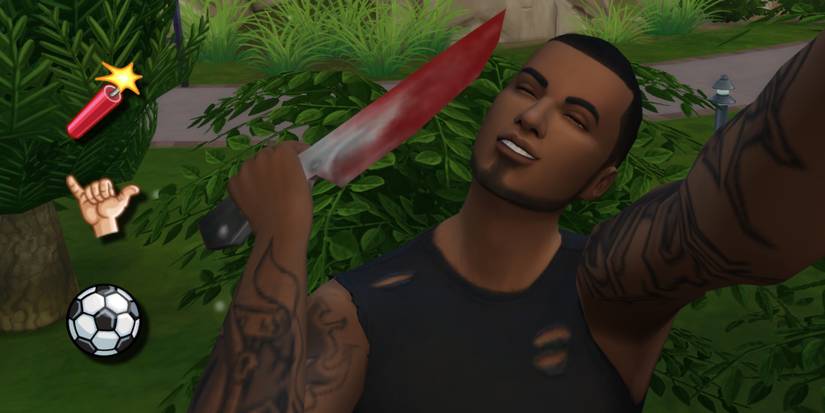The Sim from District Two poses with a knife and has the traits hot-headed, bro, and active.
