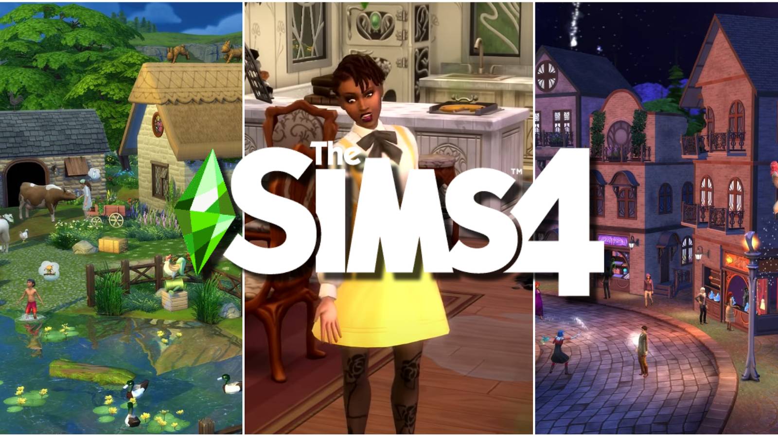 Photos of Henford-On-Bagley and The Magic Realm and a Sim tidying up their house for the Enchanted Cottage Challenge in The Sims 4