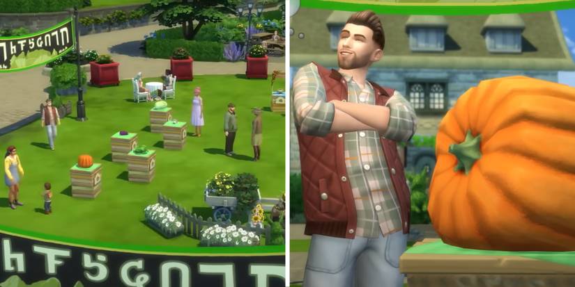 An overhead shot of the Finchwick Fair and a photo of a Sim with an oversized pumpkin