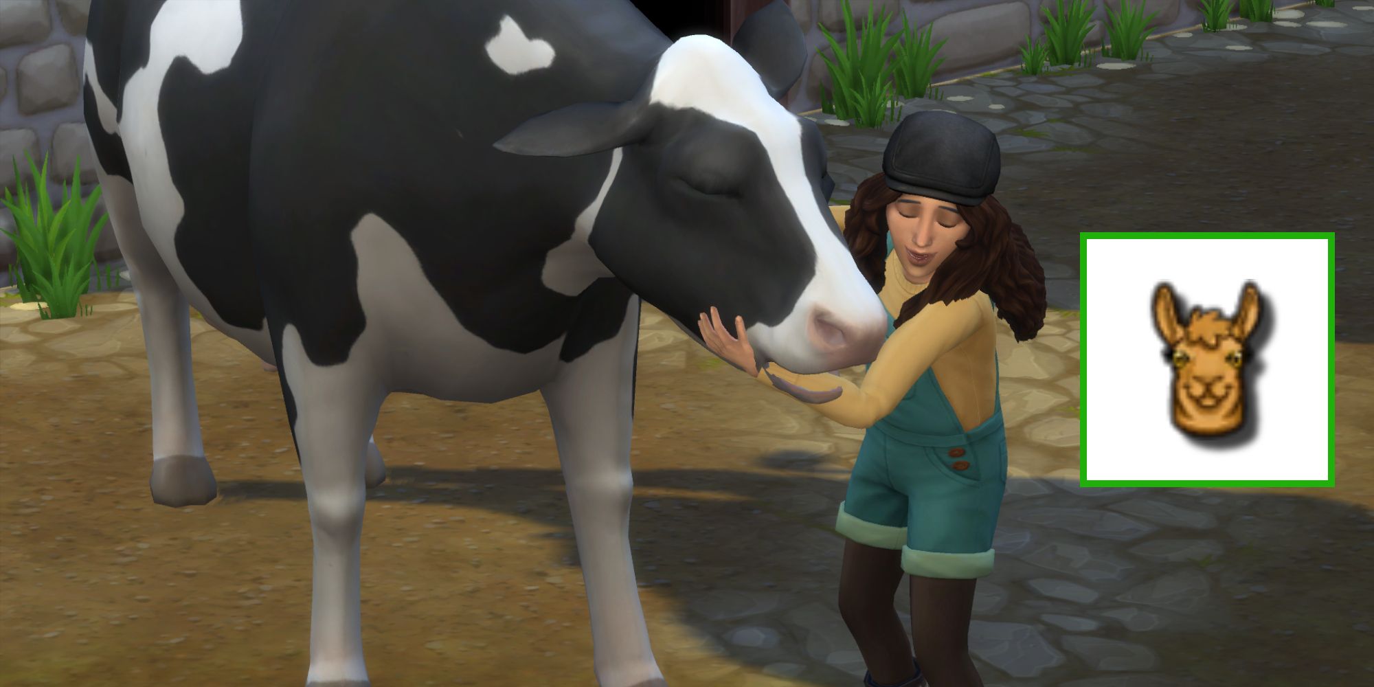 A Sim hugs a cow in The Sims 4 and the icon for the animal lover trait has been added to the photo
