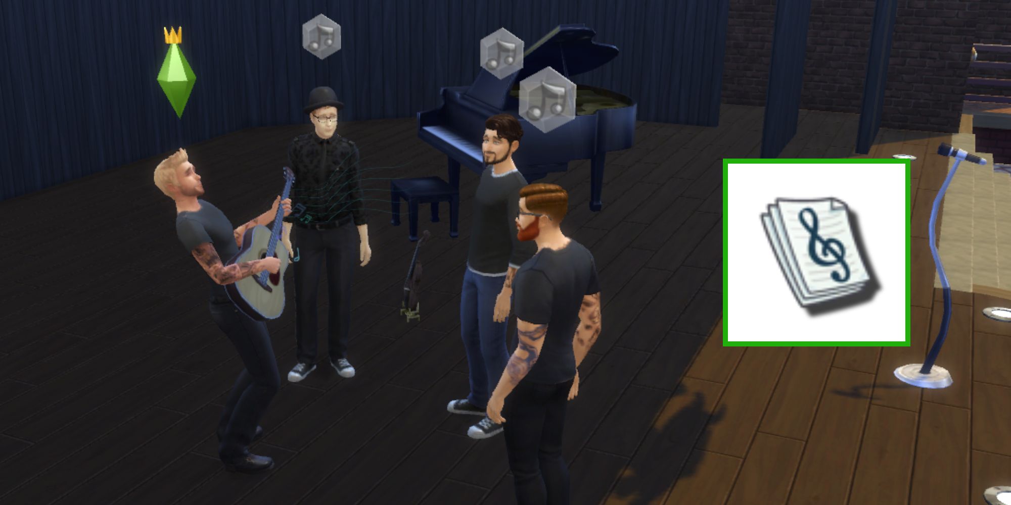 A Sim plays the guitar while his friends watch and the music lover trait icon is added to the photo