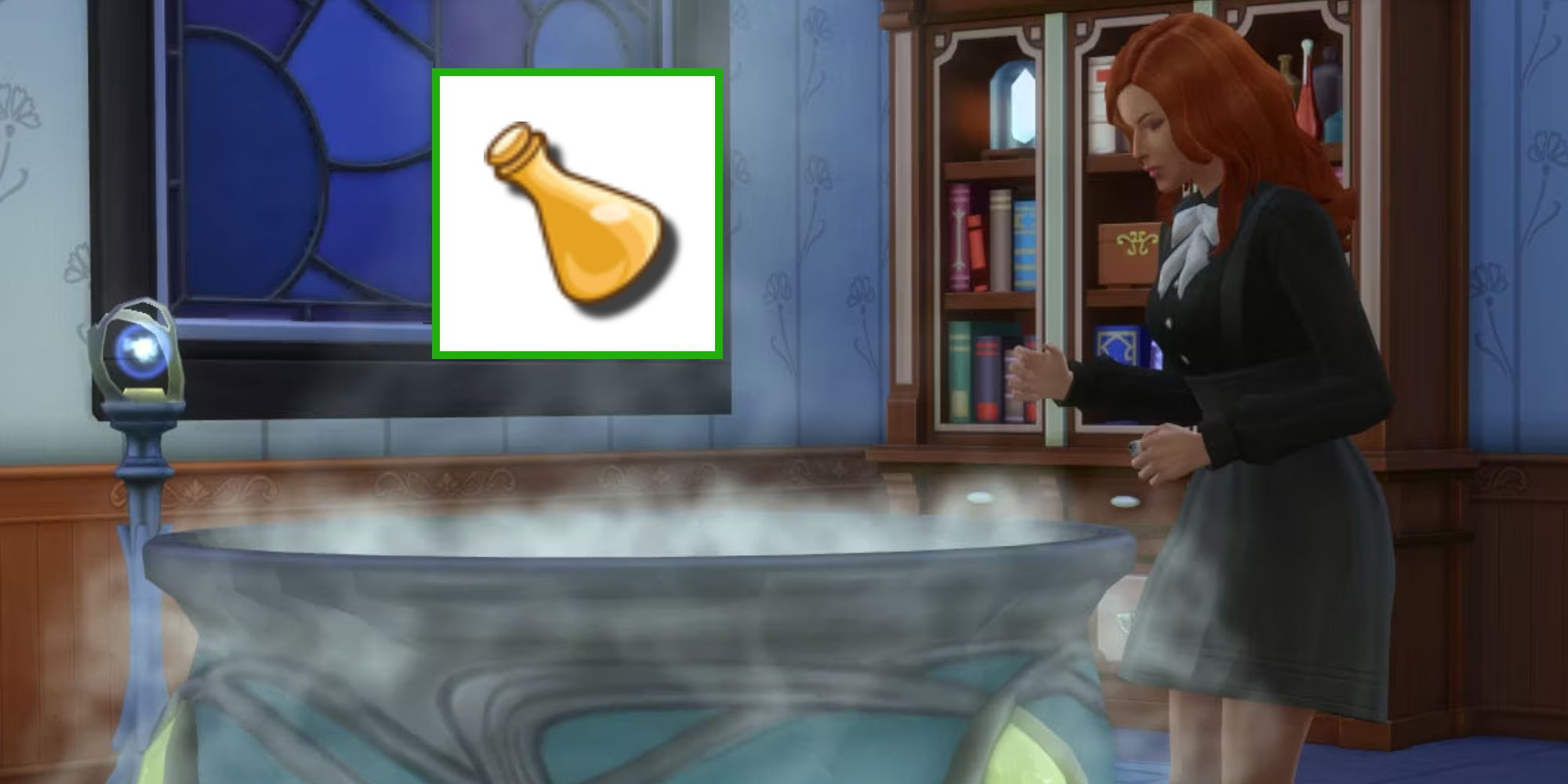 A Sim is mixing potions in a cauldron and the icon for the potion aspiration is added to the photo