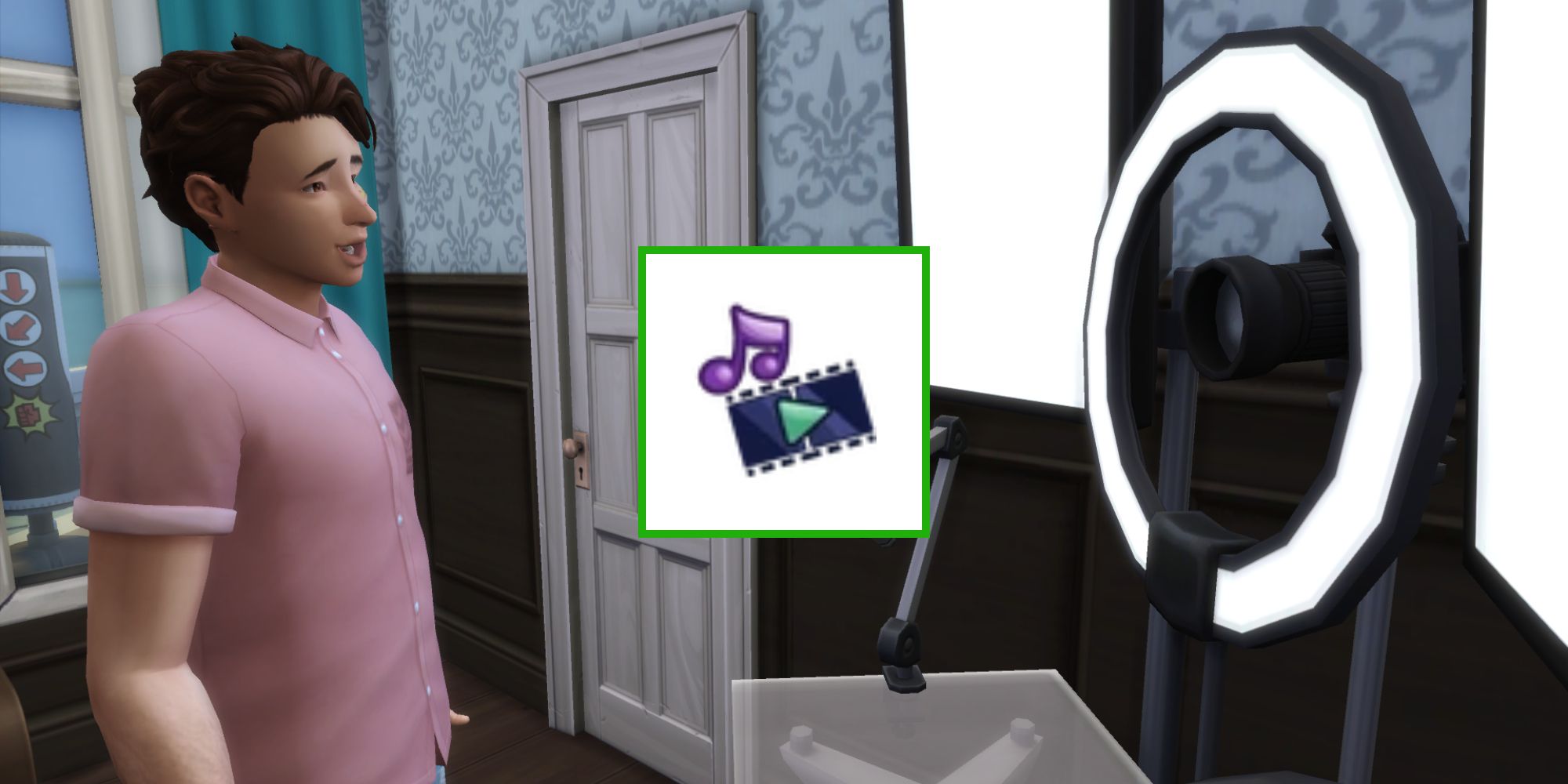 A Sim is making videos at the video making station and the media production skill icon is added to the photo